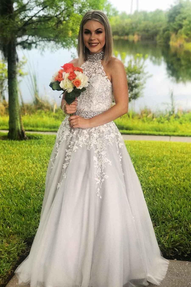 A-line High Neck Halter Lace Appliques Long Prom Dress with Beading PM242 - Pgmdress