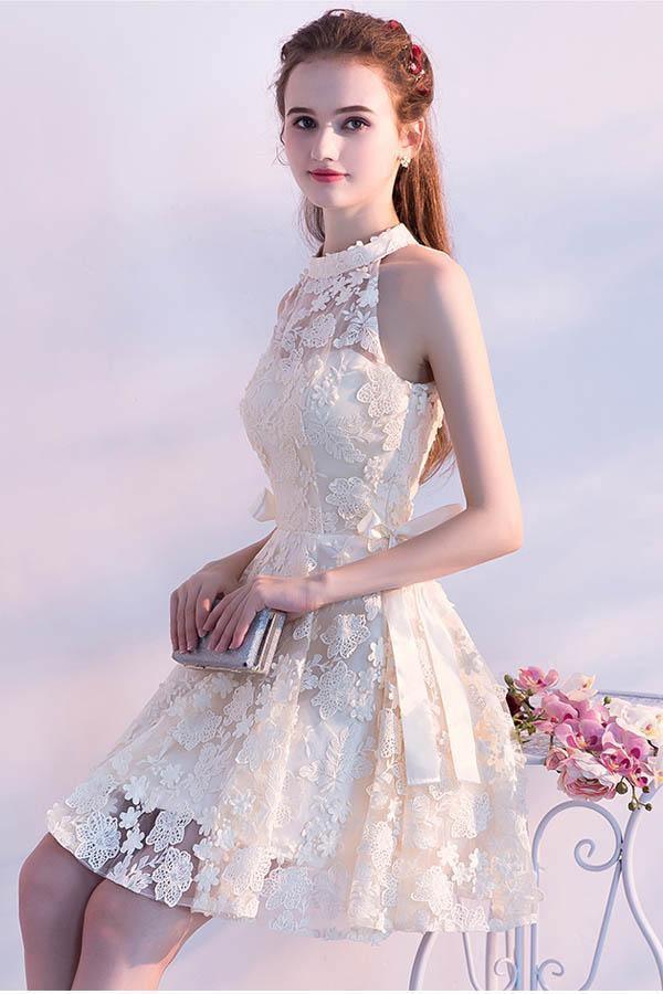 A-line High Neck Lace Sleeveless Party Dresses Homecoming Dresses PD118 - Pgmdress