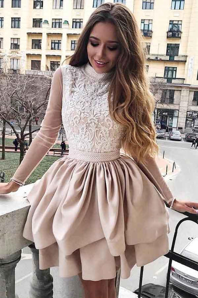 A-Line High Neck Long Sleeves Homecoming Dress with Appliques Sleeves Custom Size / As Picture A-Line High Neck Long Sleeves Homecoming Dress with Appliques Sleeves Custom Size / As Picture