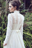 A-Line High Neck Long Sleeves Lace Wedding Dress with Appliques WD239 - Pgmdress