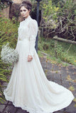 A-ligne col haut manches longues robe de mariée en dentelle avec appliques WD239 