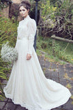 A-Line High Neck Long Sleeves Lace Wedding Dress with Appliques WD239 - Pgmdress