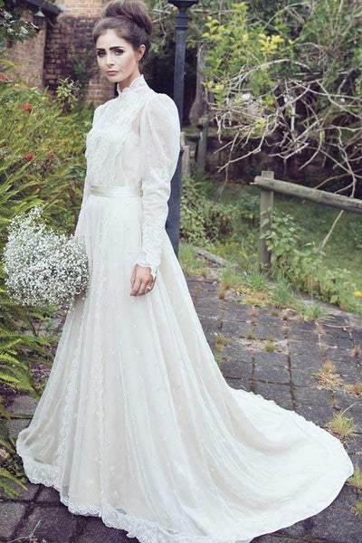 A-Line High Neck Long Sleeves Lace Wedding Dress with Appliques Custom Size / White A-Line High Neck Long Sleeves Lace Wedding Dress with Appliques Custom Size / White