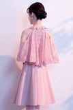 A-line High Neck Satin Pink Homecoming Dresses Party Dresses PD089 - Pgmdress