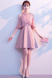 A-line High Neck Satin Pink Homecoming Dresses Party Dresses PD089