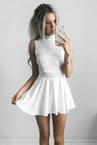 A-Line High Neck White Chiffon Homecoming Dress with Lace  PD011