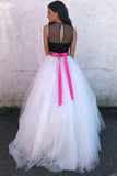 A-Line Hign Neck White Tulle Prom/Party Dress with Sash PG639 - Pgmdress