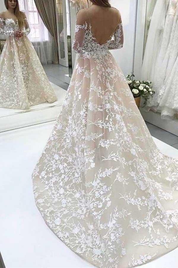 A-Line Illusion Bateau Long Sleeves Backless Ivory Lace Wedding Dress WD261 - Pgmdress