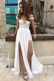 A-Line Illusion Neck Chiffon Beach Wedding Dress with Appliques Split  WD350