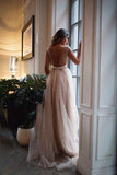 A-Line Illusion Neck Pink Sweep Train Backless Prom Dress with Appliques PG790 - Pgmdress