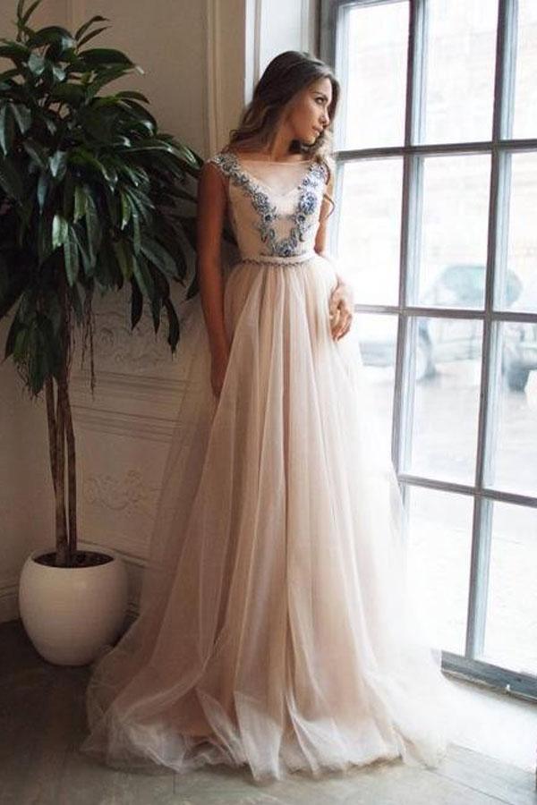 A-Line Illusion Neck Pink Sweep Train Backless Prom Dress with Appliques PG790 - Pgmdress