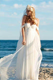 Schulterfreies A-Linie-Hochzeitskleid aus elfenbeinfarbenem Chiffon für den Sommer und Strand WD286