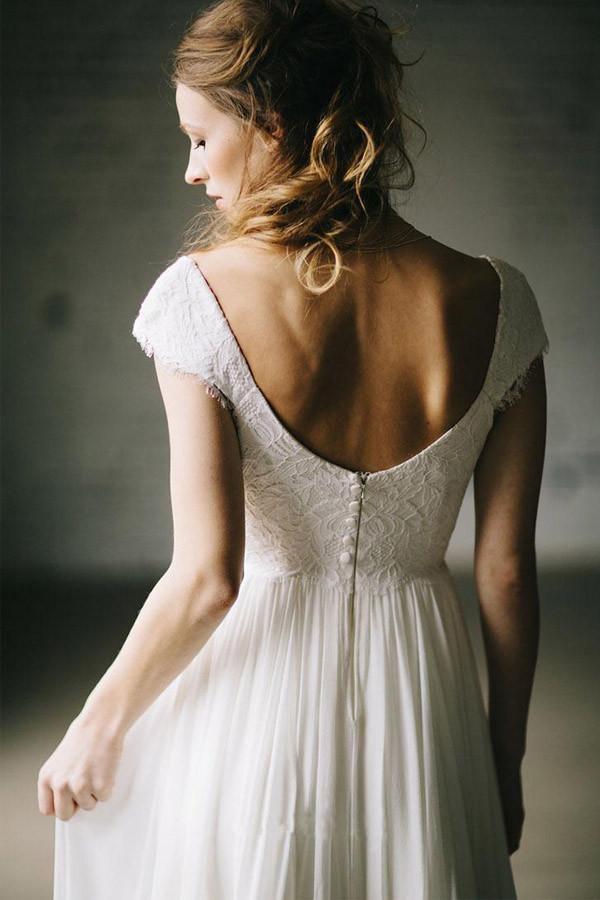 A-Line Ivory Lace Cap Sleeve Vintage Chiffon Wedding Dress WD069 US8 / Ivory A-Line Ivory Lace Cap Sleeve Vintage Chiffon Wedding Dress WD069 US8 / Ivory