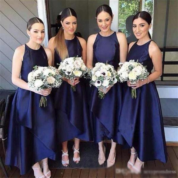 A-Line Jewel Floor-Length Navy Blue Sleeveless Satin Bridesmaid Dress BD054 - Pgmdress