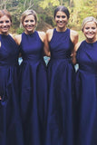 A-Line Jewel Floor-Length Navy Blue Sleeveless Satin Bridesmaid Dress BD054 - Pgmdress