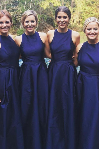 A-Line Jewel Floor-Length Navy Blue Sleeveless Satin Bridesmaid Dress Custom Size / As Picture A-Line Jewel Floor-Length Navy Blue Sleeveless Satin Bridesmaid Dress Custom Size / As Picture