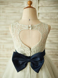 A-Line Jewel Knee-Length Open Back Light Grey Tulle Flower Girl Dress FL03 - Pgmdress