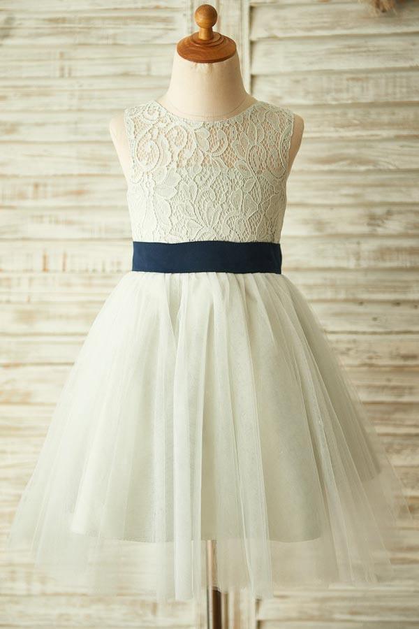 A-Line Jewel Knee-Length Open Back Light Grey Tulle Flower Girl Dress FL03 - Pgmdress