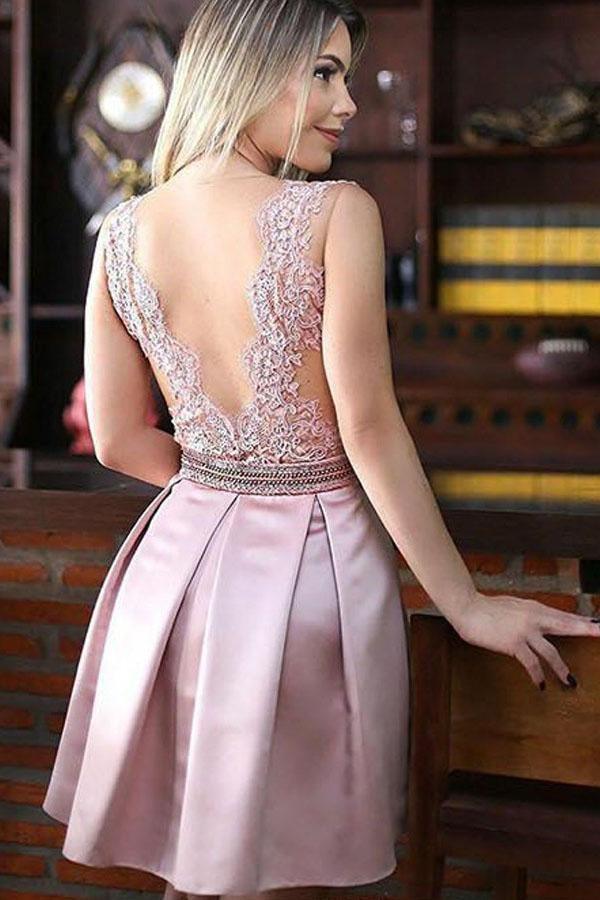 A-Line Jewel Pink Short Satin Homecoming Dress with Beading Appliques PG155 - Pgmdress