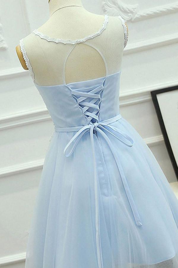 A-Line Jewel Short Blue Tulle Homecoming Dress with Sash Appliques PG121 - Pgmdress