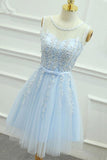 A-ligne bijou court bleu tulle robe de soirée avec ceinture appliques PG121