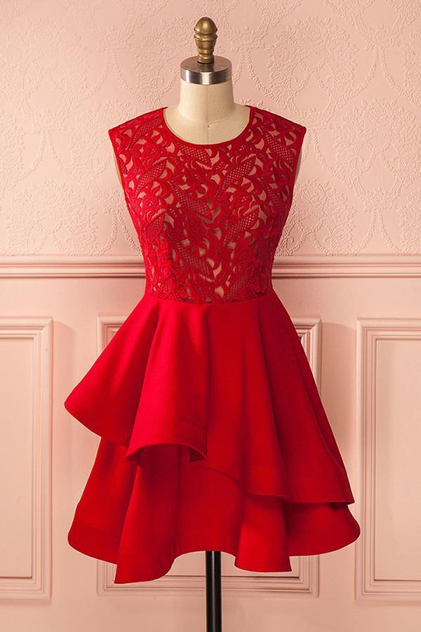 A-Line Jewel Short Red Satin Homecoming Dress with Lace Ruffles PG117 - Pgmdress