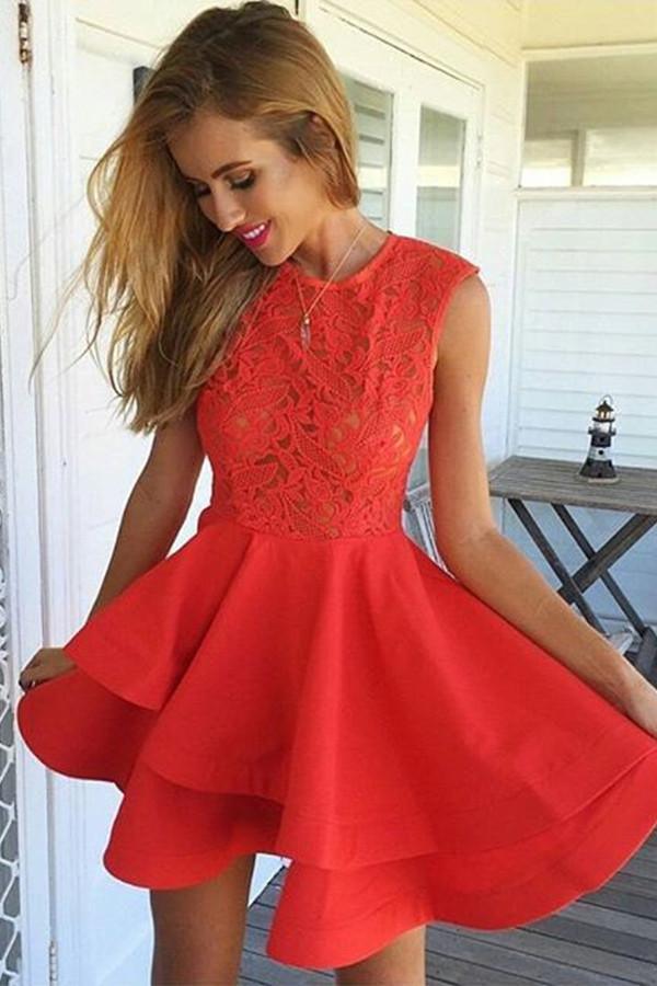 A-Line Jewel Short Red Satin Homecoming Dress with Lace Ruffles PG117 - Pgmdress