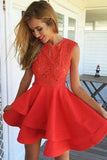 A-Line Jewel Short Red Satin Homecoming Dress with Lace Ruffles  PG117