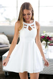 A-Line Jewel Robe de soirée courte en satin blanc avec dentelle PG159