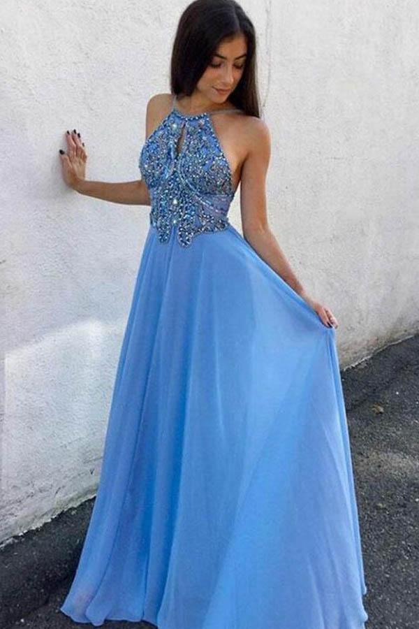 A-Line Jewel Sweep Train Blue Chiffon Keyhole Backless Beaded Prom Dress PM210 - Pgmdress