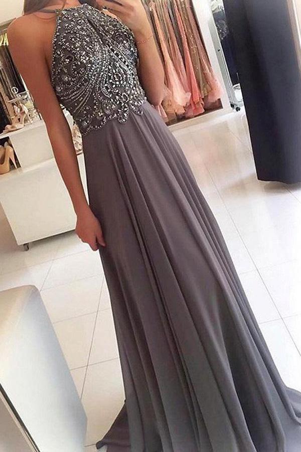 A-Line Jewel Sweep Train Blue Chiffon Keyhole Backless Beaded Prom Dress PM210 - Pgmdress