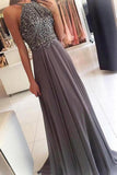 A-Line Jewel Sweep Train Blue Chiffon Keyhole Backless Beaded Prom Dress PM210 - Pgmdress