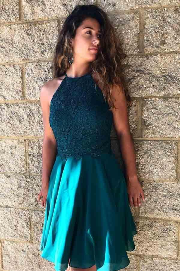 A-Line Jewel Turquoise Chiffon Homecoming Dress with Lace Beading PD226 - Pgmdress