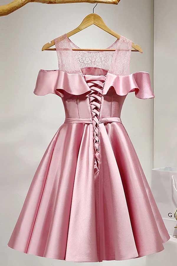 A-Line Knee-Length Cold Shoulder Pink Satin Homecoming Dress With Lace PD121 - Pgmdress
