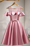 A-Line Knee-Length Cold Shoulder Pink Satin Homecoming Dress With Lace PD121 - Pgmdress