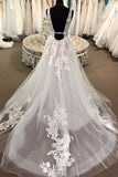 A Line Lace Appliqued Bridal Gown Deep V Neck Court Train Wedding Dress WD465 - Pgmdress