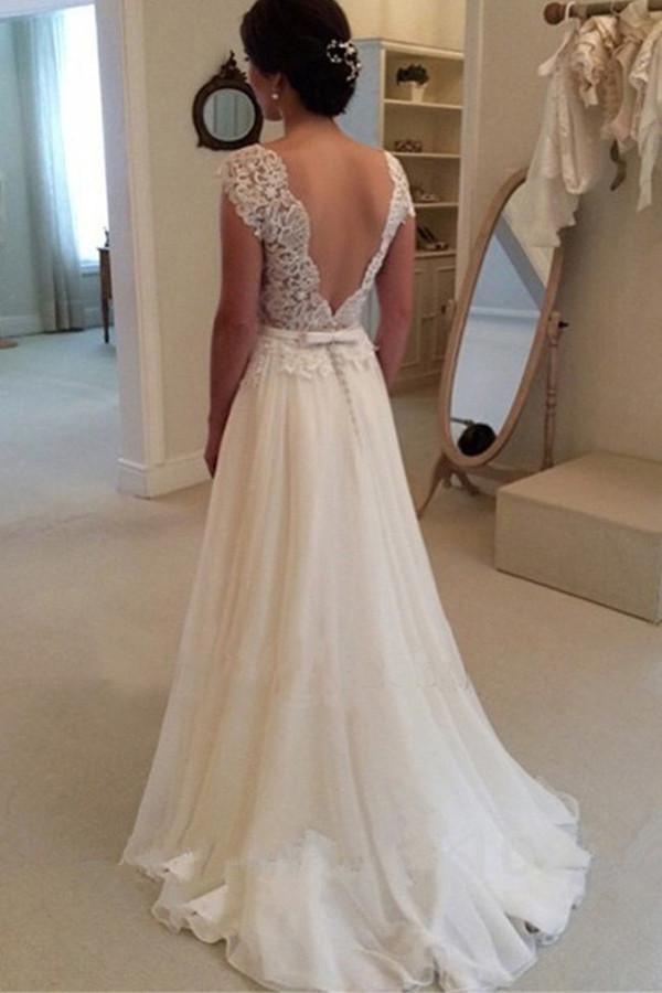 A-line Lace Top Backless Long Beach Wedding Dress Ball Gowns WD021 - Pgmdress