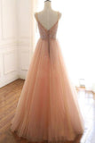 A Line Lace Up Back Straps Evening Dresses Tulle Sequins Prom Dresses PSK059 - Pgmdress