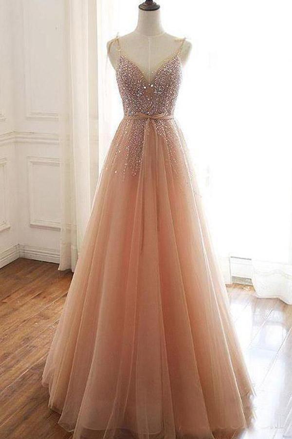 A Line Lace Up Back Straps Evening Dresses Tulle Sequins Prom Dresses PSK059 - Pgmdress