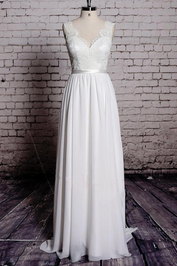 A-line Lace V-Neck Backless Sheath Long Wedding Dress WD058 - Pgmdress
