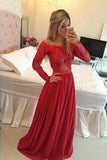 A-line Long Illusion Sleeves Beading Prom Dress  Red Chiffon Evening Dress  PM205