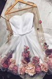 A Line Long Sleeves Short White Floral Prom Dresses Homecoming Dresses   PD346