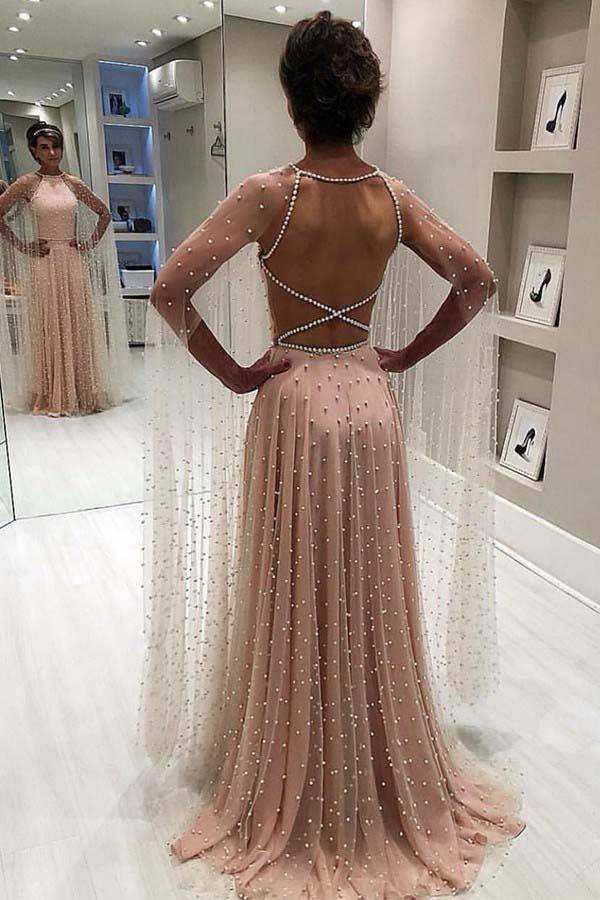 A-line Long Sleeves Sweep Train Criss Cross Back Pink Prom Evening Dress PG998 - Pgmdress