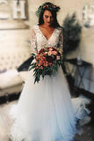 A-line Long Sleeves Tulle Wedding Dress With Lace Applique  WD324