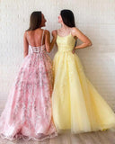 A-line Modest Tulle Appliques Long Lace Prom Dress Evening Dress PSK165 - Pgmdress