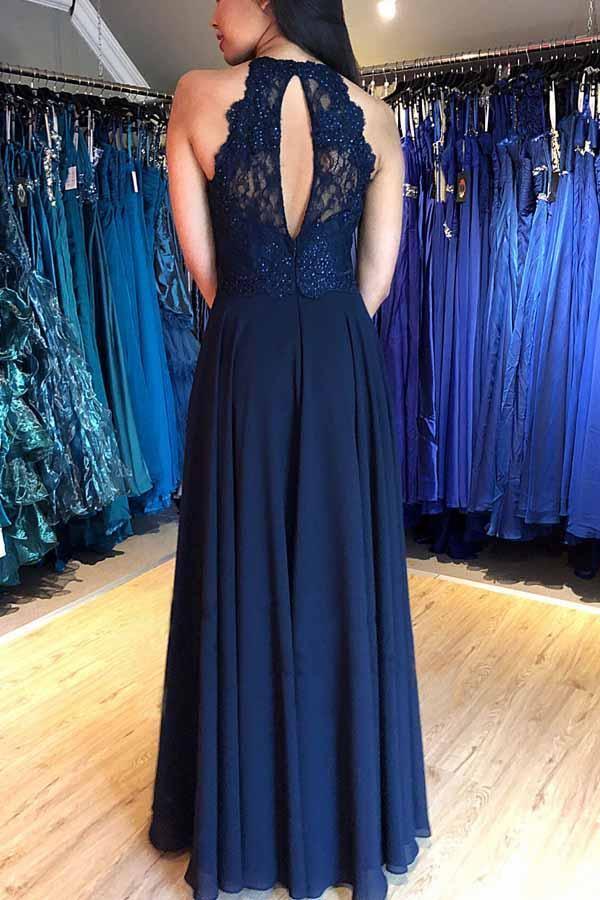 Glitter A Line Navy Blue Prom Dresses Halter Long Evening Gown – MyChicDress