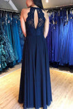 A-line Navy Blue Chiffon Split Long Prom Dress with Beading PG826 - Pgmdress