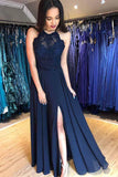 A-line Navy Blue Chiffon Split Long Prom Dress with Beading PG826 - Pgmdress