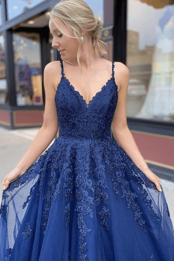 a line navy blue tulle lace long prom dress evening dress psk205 pgmdress 2