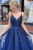 A-line Navy Blue Tulle Lace Long Prom Dress Evening Dress PSK205 - Pgmdress